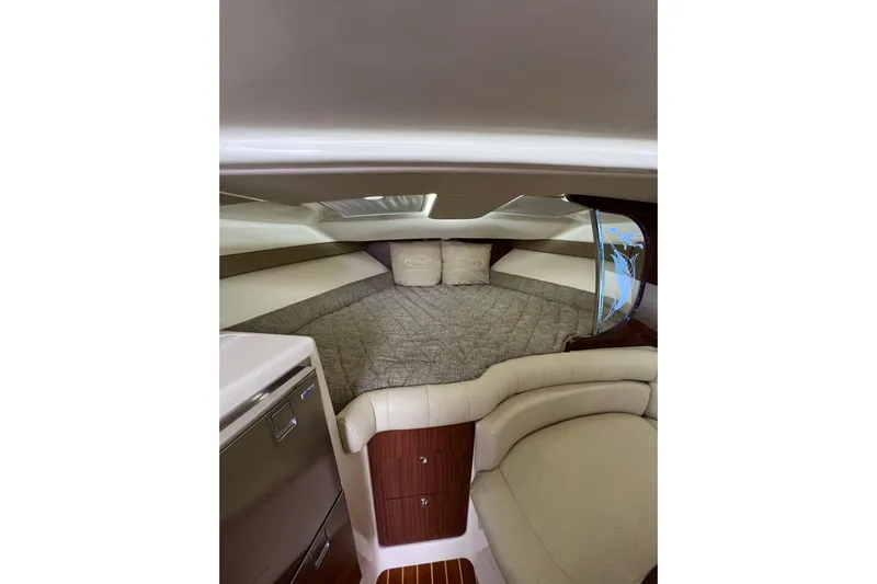 Be Chumming Yacht Photos Pics 2018 Grady-White Express 370 cabin interior with cozy bed and modern design.