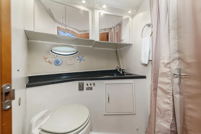  Yacht Photos Pics 2005 Carver 41 Cockpit Motor Yacht bathroom with sink, toilet, and decorative seashells.