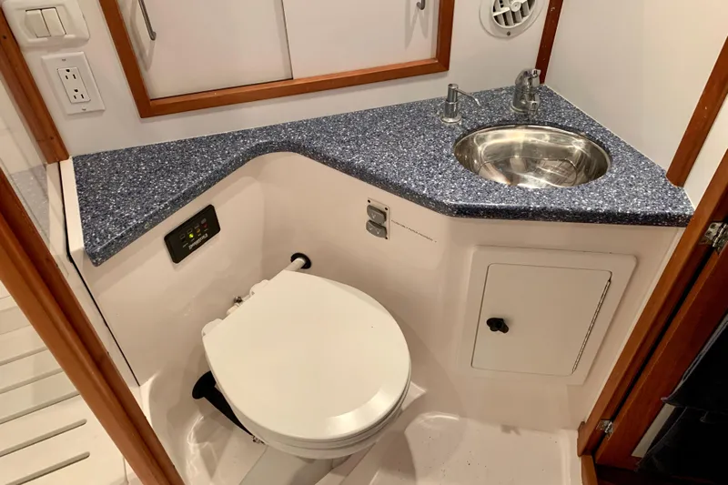 Lionheart Yacht Photos Pics 2006 Sabre 38 Hard Top Express bathroom with modern sink and toilet.