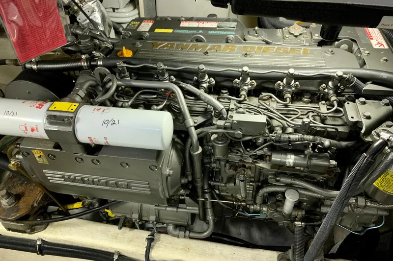 Lionheart Yacht Photos Pics Engine of a 2006 Sabre 38 Hard Top Express boat, featuring Yanmar diesel components.