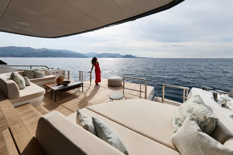  Yacht Photos Pics Luxurious Prestige M7 yacht deck with ocean view, featuring elegant seating, 2026 model.