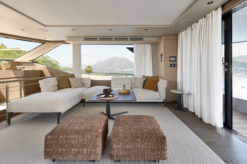  Yacht Photos Pics Luxurious Prestige M7 yacht interior, featuring elegant seating and panoramic views, 2026 model.