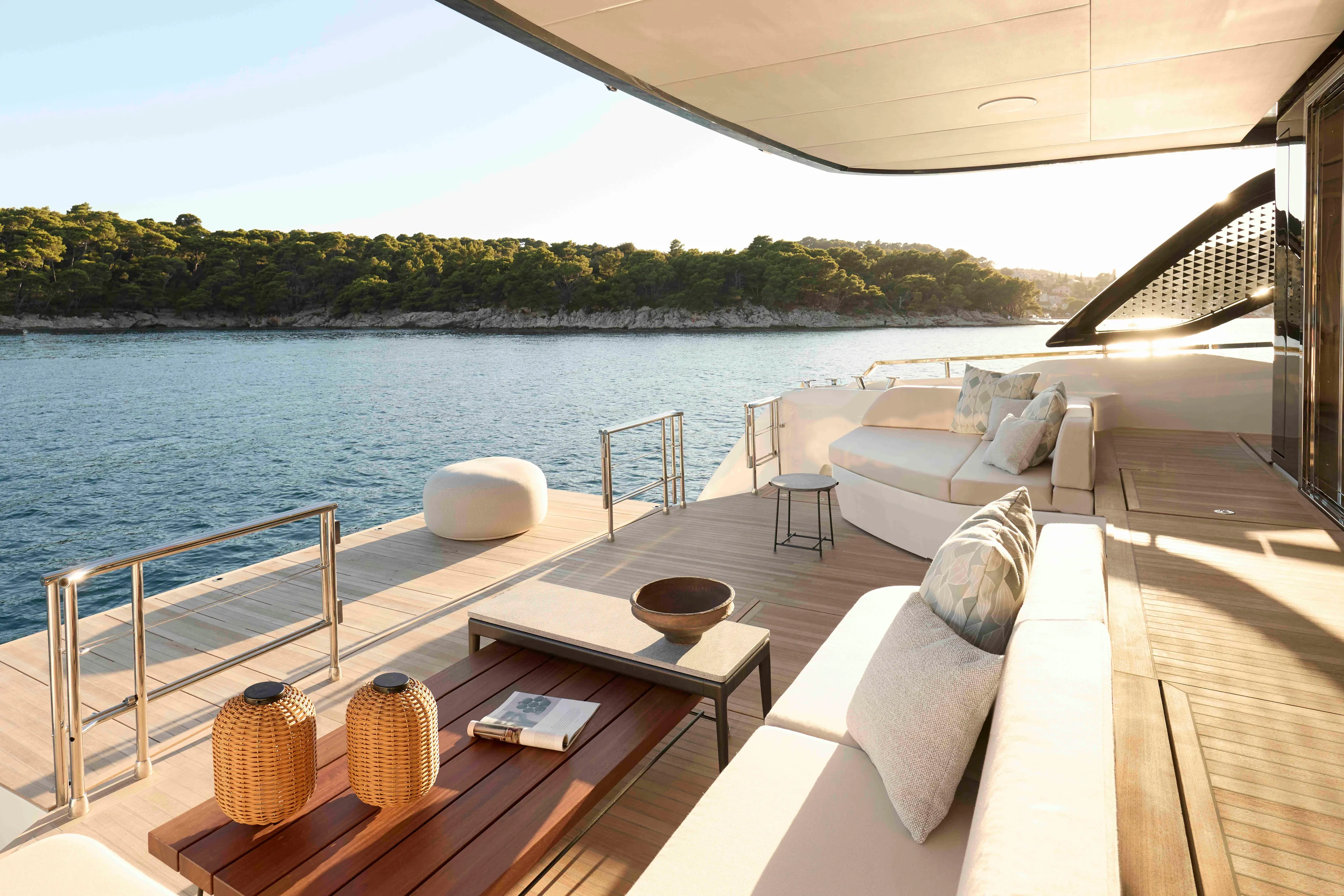  Yacht Photos Pics Luxurious Prestige M7 yacht deck, 2026 model, with elegant seating and ocean view.
