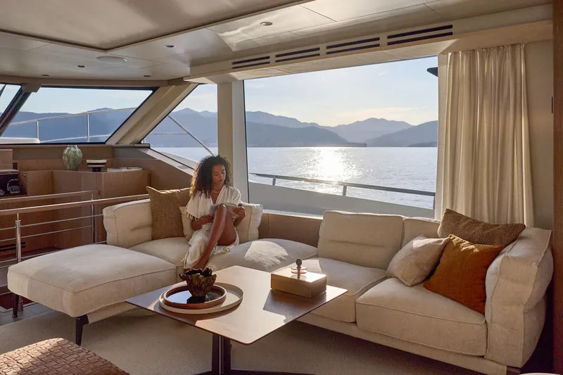  Yacht Photos Pics Luxurious interior of 2026 Prestige M7 yacht with scenic ocean view.