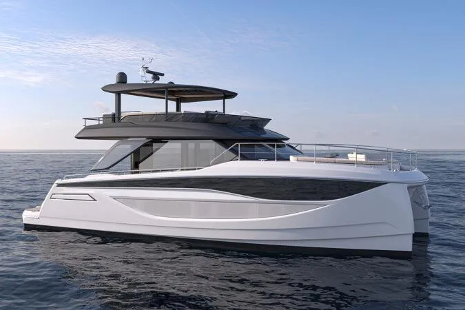  Yacht Photos Pics Luxury 2026 Prestige Yachts M7 cruising on open water under clear skies.