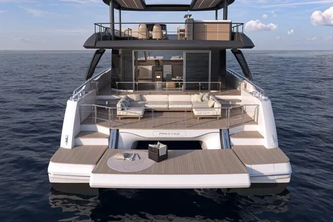  Yacht Photos Pics Luxury 2026 Prestige Yachts M7 on open sea, featuring elegant deck and modern design.