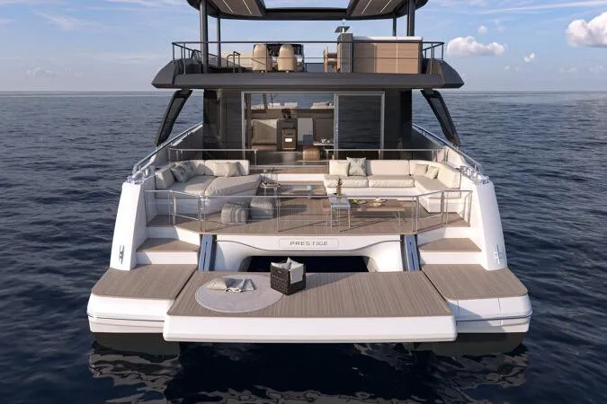  Yacht Photos Pics Luxury 2026 Prestige Yachts M7 on open sea, featuring elegant deck and modern design.