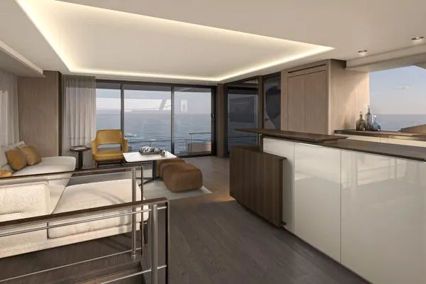  Yacht Photos Pics Luxurious interior of 2026 Prestige Yachts M7 with ocean view and modern furnishings.