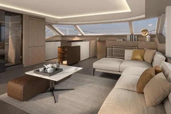 Yacht Photos Pics Luxurious interior of 2026 Prestige Yachts M7, featuring elegant seating and modern design.