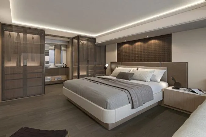  Yacht Photos Pics Luxurious bedroom interior of 2026 Prestige Yachts M7, featuring modern design and elegant furnishings.