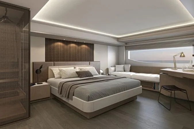  Yacht Photos Pics Luxurious bedroom interior of 2026 Prestige Yachts M7, featuring modern design and elegant furnishings.