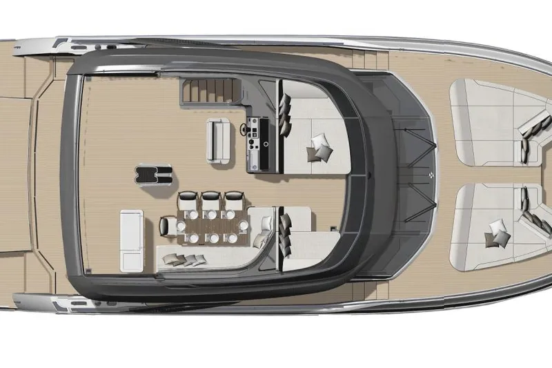  Yacht Photos Pics Top view of 2026 Prestige Yachts M7 luxury yacht interior layout.