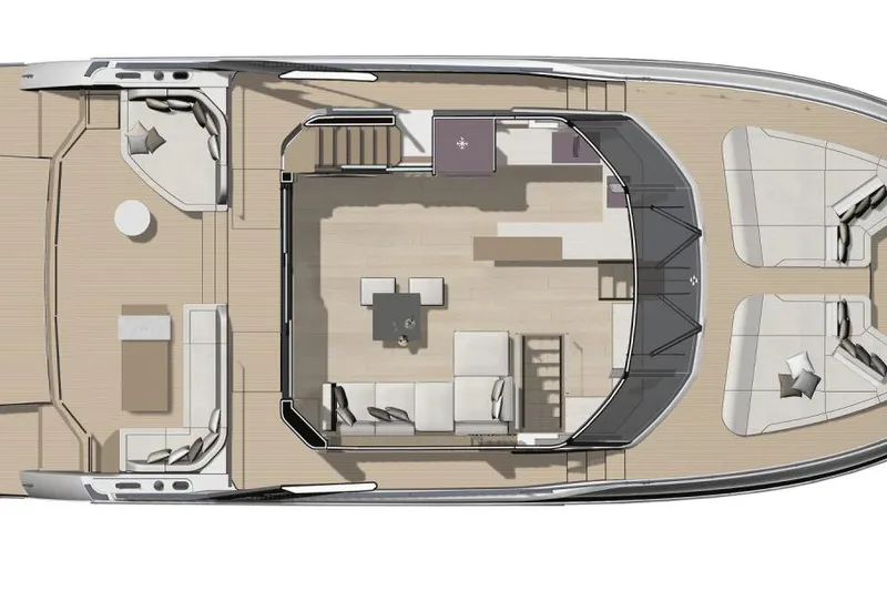  Yacht Photos Pics Top view of 2026 Prestige Yachts M7 interior layout, featuring spacious seating and modern design.