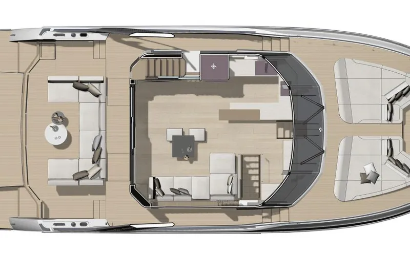  Yacht Photos Pics Top view of 2026 Prestige Yachts M7 luxury yacht interior layout.
