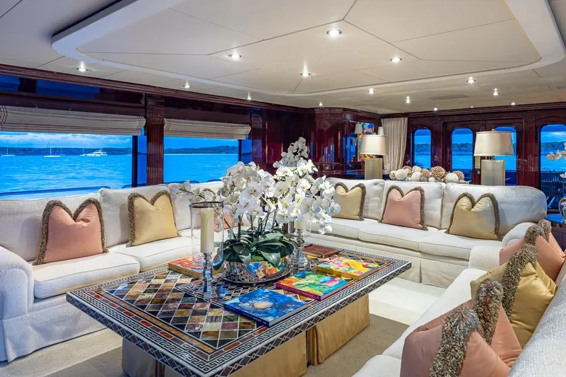 Lady Joy Yacht Photos Pics Luxurious interior of 2007 Christensen Tri-Deck yacht with elegant seating and ocean view.