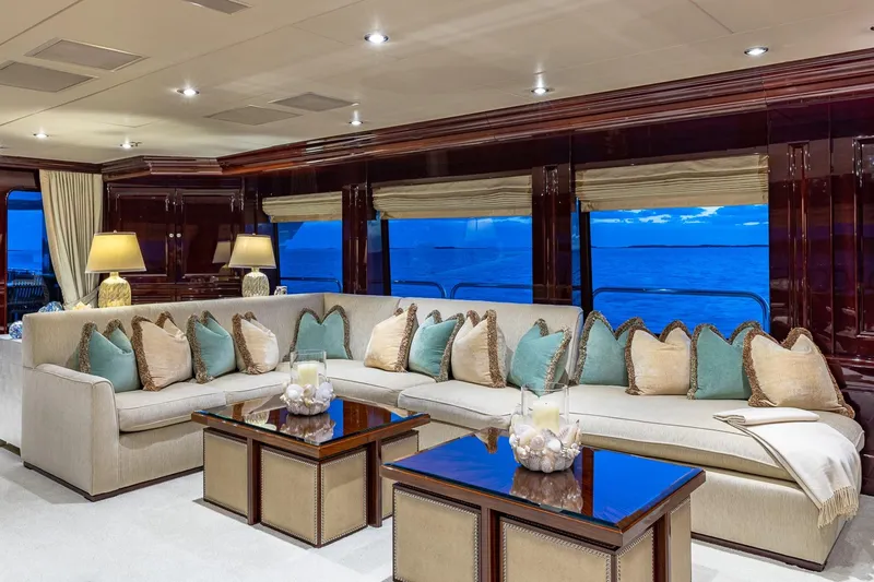 Lady Joy Yacht Photos Pics Luxurious 2007 Christensen Tri-Deck yacht interior with elegant seating and ocean view.