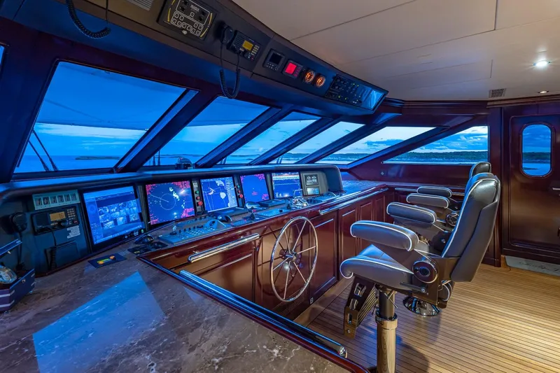 Lady Joy Yacht Photos Pics Luxurious 2007 Christensen Tri-Deck yacht helm with advanced navigation systems and panoramic ocean views.