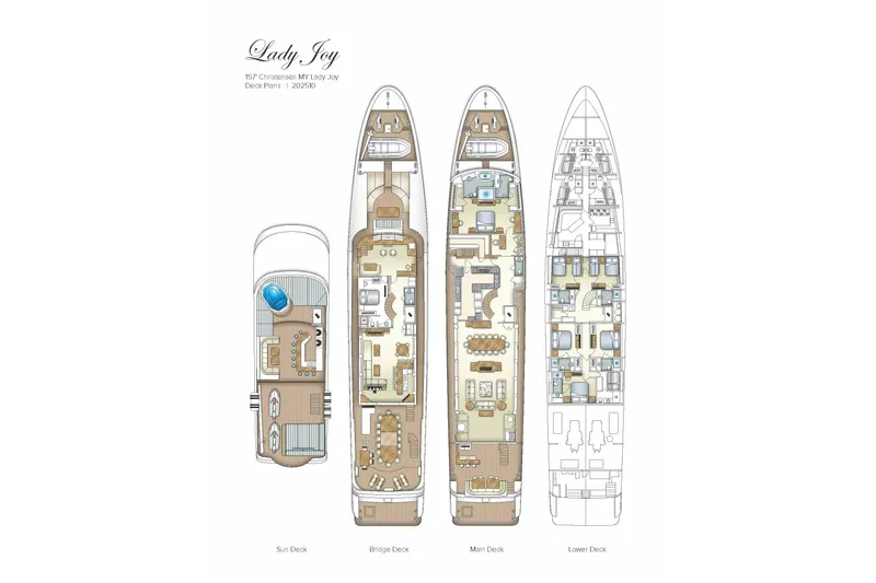 Lady Joy Yacht Photos Pics Deck plans of 2007 Christensen Tri-Deck yacht, featuring sun, bridge, main, and lower decks.