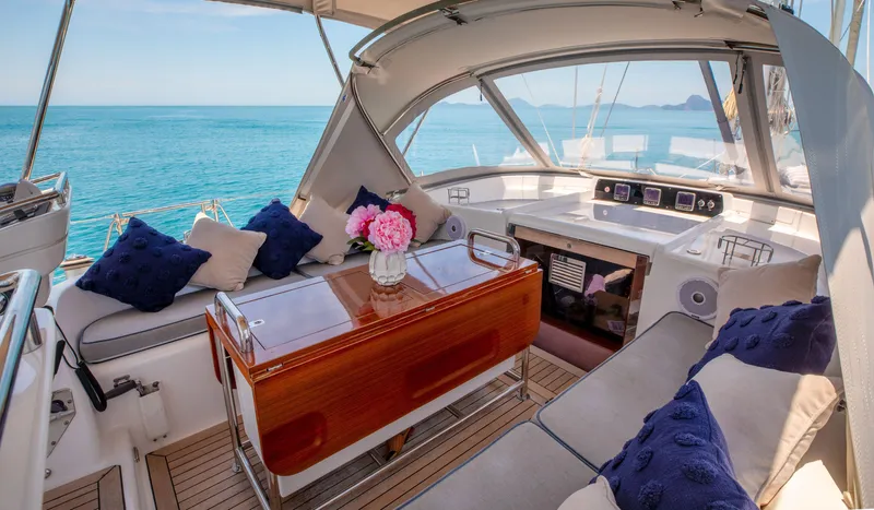 Margot Yacht Photos Pics Luxurious 2013 Oyster 575 yacht interior with elegant seating and ocean view.
