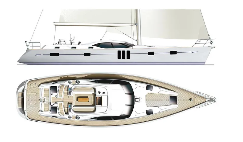 Margot Yacht Photos Pics Oyster 575 yacht 2013 model, side view and deck layout illustration.