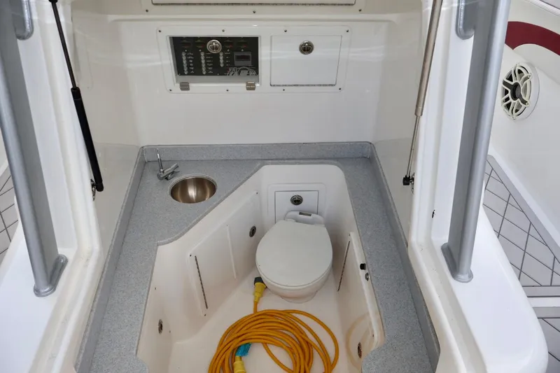  Yacht Photos Pics Interior of 2015 Deep Impact 33 boat featuring a compact bathroom with sink and toilet.