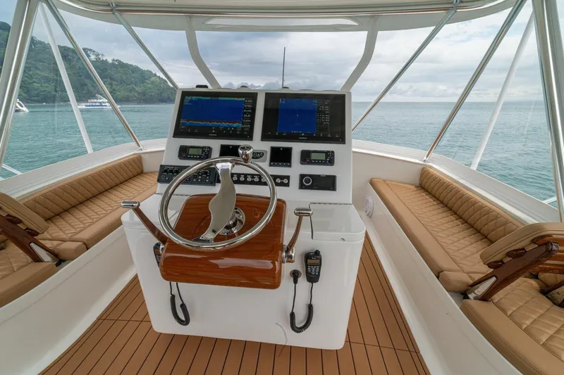 Annie Girl Yacht Photos Pics Helm of 1997 Custom Carolina 49 Ricky Gillikan yacht with modern navigation equipment.