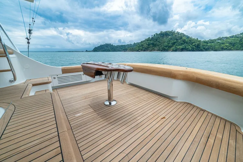 Annie Girl Yacht Photos Pics Deck of 1997 Custom Carolina 49 Ricky Gillikan yacht with scenic ocean view.