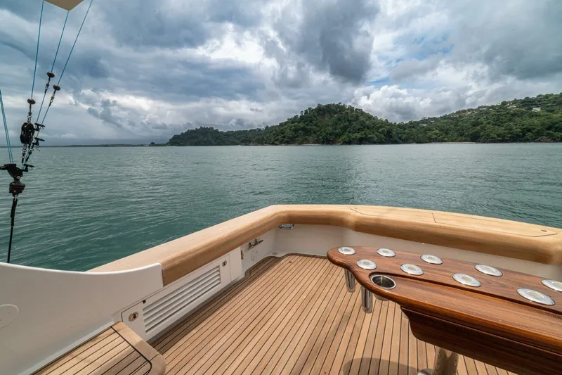 Annie Girl Yacht Photos Pics Custom Carolina 49 Ricky Gillikan yacht deck with scenic ocean and island view, 1997 model.