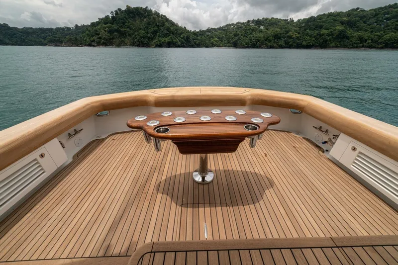 Annie Girl Yacht Photos Pics Custom Carolina 49 Ricky Gillikan 1997 yacht deck with scenic ocean and island view.