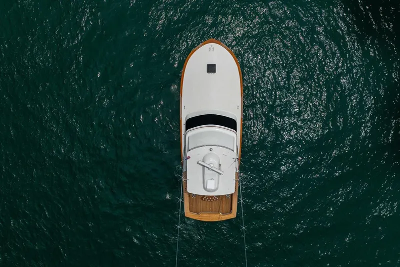 Annie Girl Yacht Photos Pics Aerial view of 1997 Custom Carolina 49 Ricky Gillikan boat on open water.