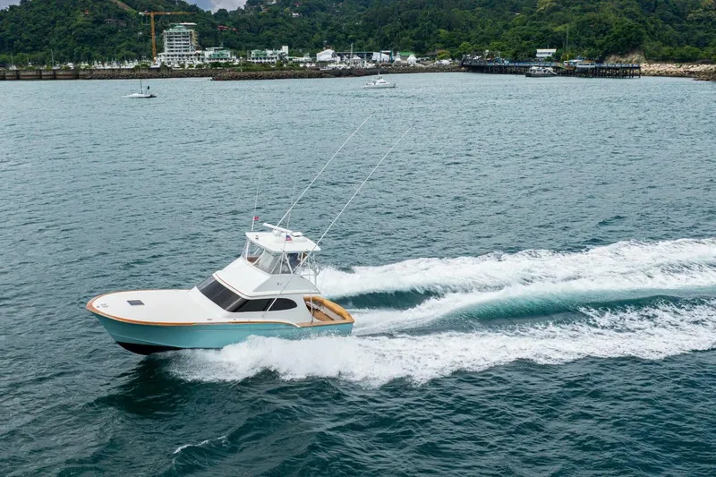 Annie Girl Yacht Photos Pics Custom Carolina 49 Ricky Gillikan 1997 boat cruising on open water near lush coastline.