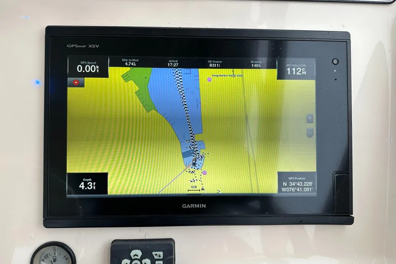  Yacht Photos Pics Garmin GPS display on 2018 Grady-White Freedom 285 boat, showing navigation map.