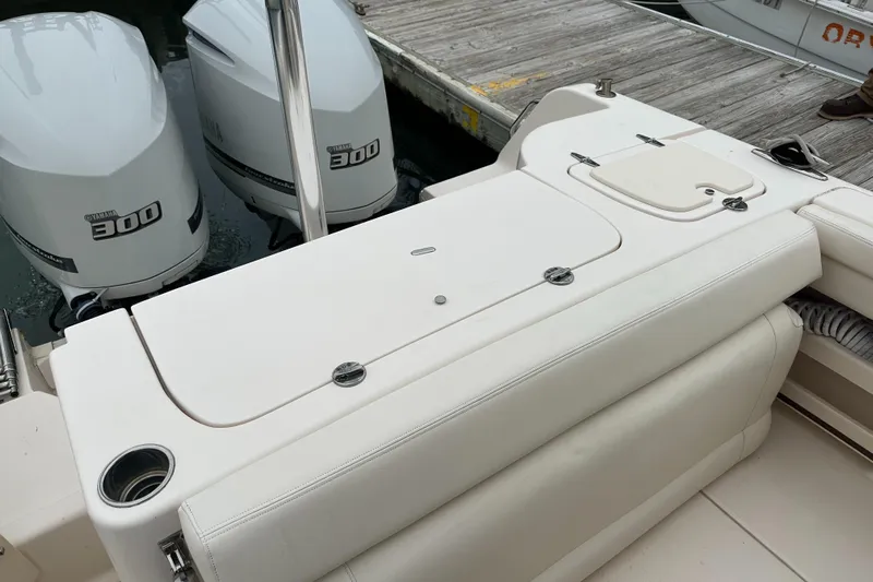  Yacht Photos Pics 2018 Grady-White Freedom 285 boat with twin 300 horsepower engines at dock.