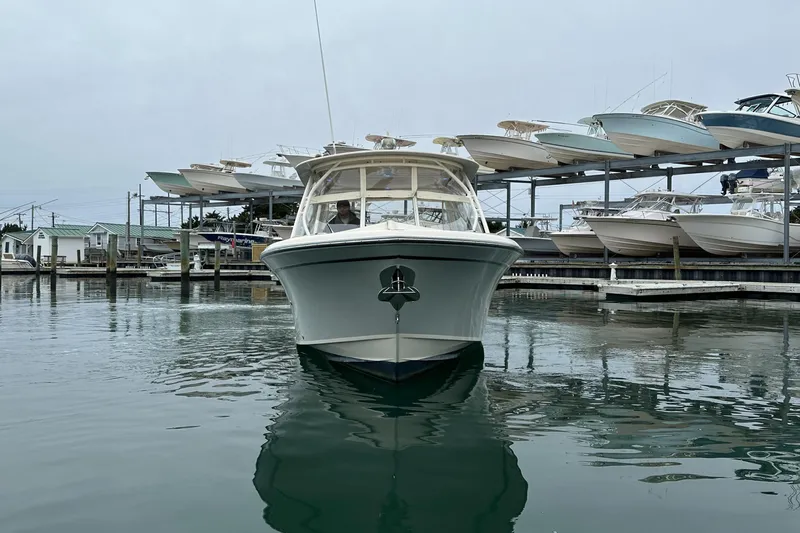  Yacht Photos Pics 2018 Grady-White Freedom 285 boat docked in a marina, surrounded by other boats.