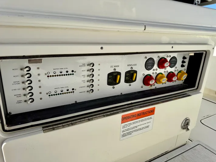 Reelaxing Yacht Photos Pics Control panel of a 2017 World Cat 295 CC boat, featuring switches and indicators.