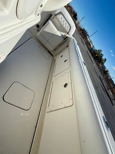 Reelaxing Yacht Photos Pics 2017 World Cat 295 CC boat interior with storage compartments and seating, under clear blue sky.