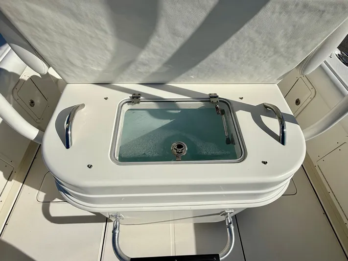 Reelaxing Yacht Photos Pics 2017 World Cat 295 CC boat livewell with glass lid and stainless steel handles.