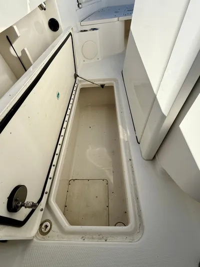 Reelaxing Yacht Photos Pics 2017 World Cat 295 CC boat storage compartment, open and empty, showcasing interior space.