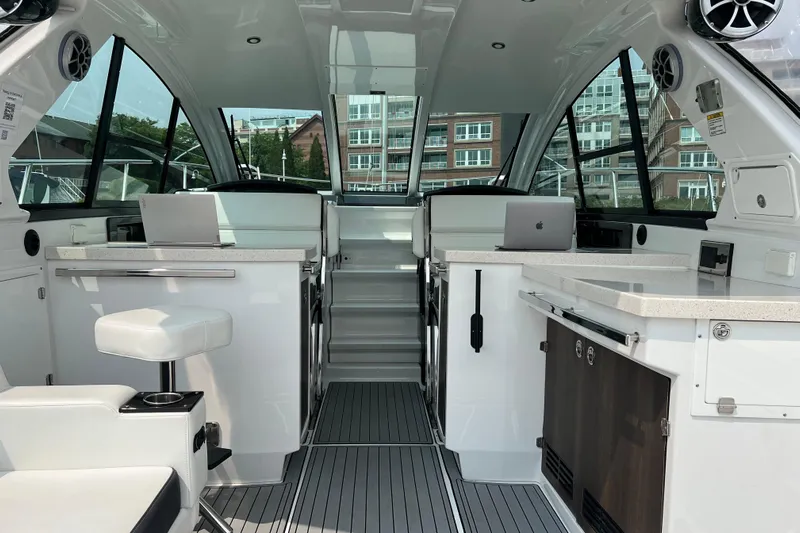 On Sebbatical Yacht Photos Pics Interior of a 2018 Monterey 360 Sport Coupe yacht with modern amenities and sleek design.