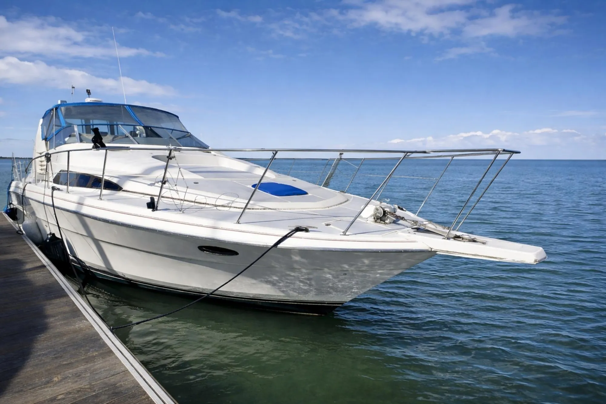 1989 Bayliner 4285 Avanti yacht docked on calm blue water under clear sky.