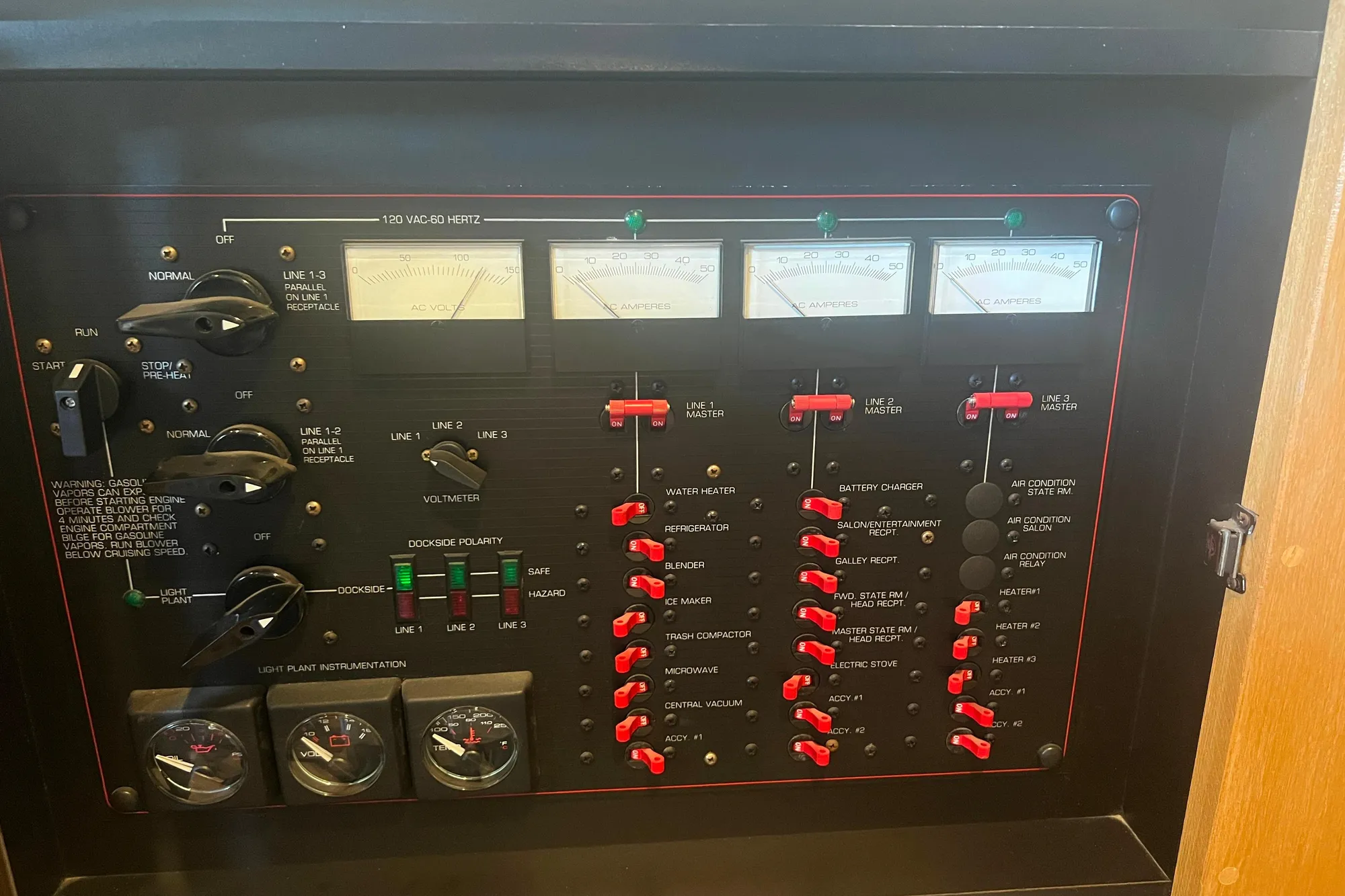 Electrical control panel of a 1989 Bayliner 4285 Avanti boat, featuring gauges and switches.