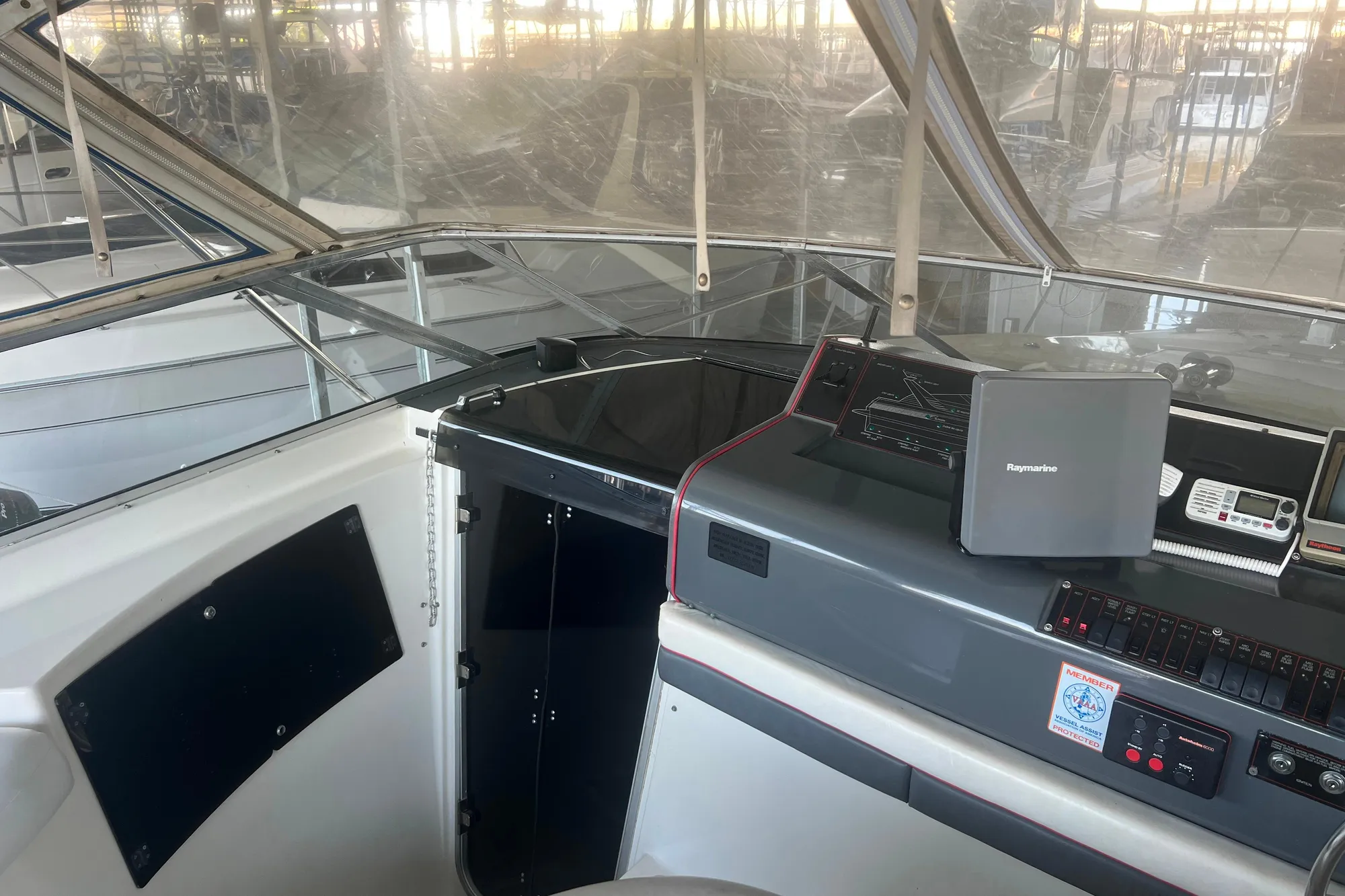 1989 Bayliner 4285 Avanti helm with navigation equipment and controls.