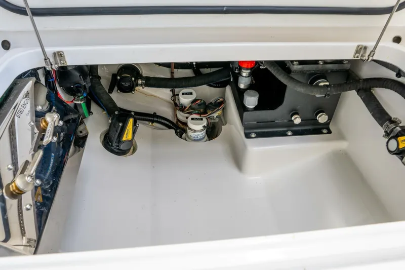 T/t Silvertime Yacht Photos Pics 2023 Valhalla Boatworks V-33 engine compartment with visible components and wiring.