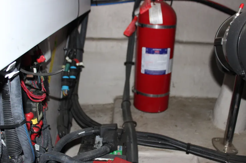  Yacht Photos Pics Engine room of 2017 Sea Ray Sundancer 400 with fire extinguisher and wiring.