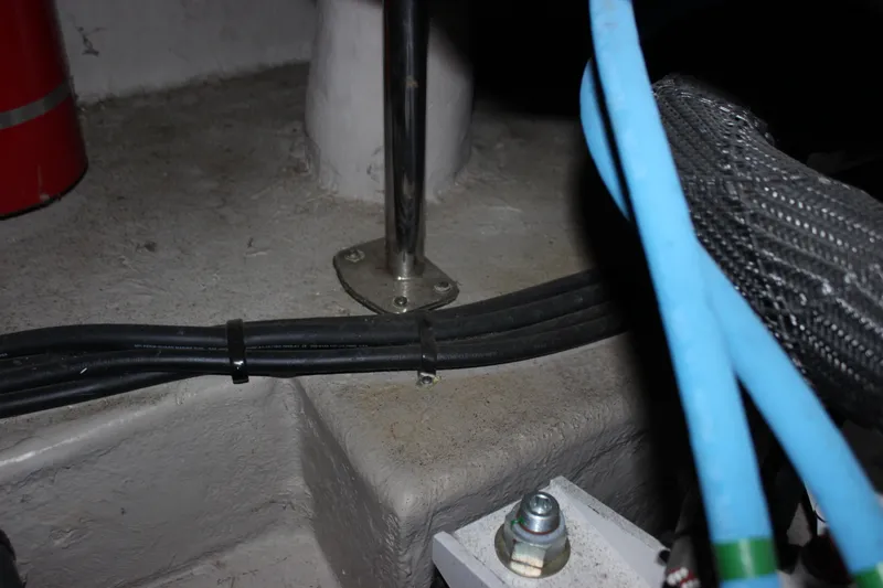  Yacht Photos Pics Engine room detail of a 2017 Sea Ray Sundancer 400, showing cables and metal fittings.