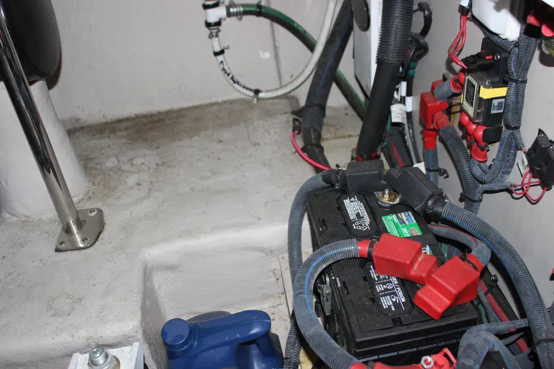  Yacht Photos Pics Engine compartment of a 2017 Sea Ray Sundancer 400 with battery and wiring.