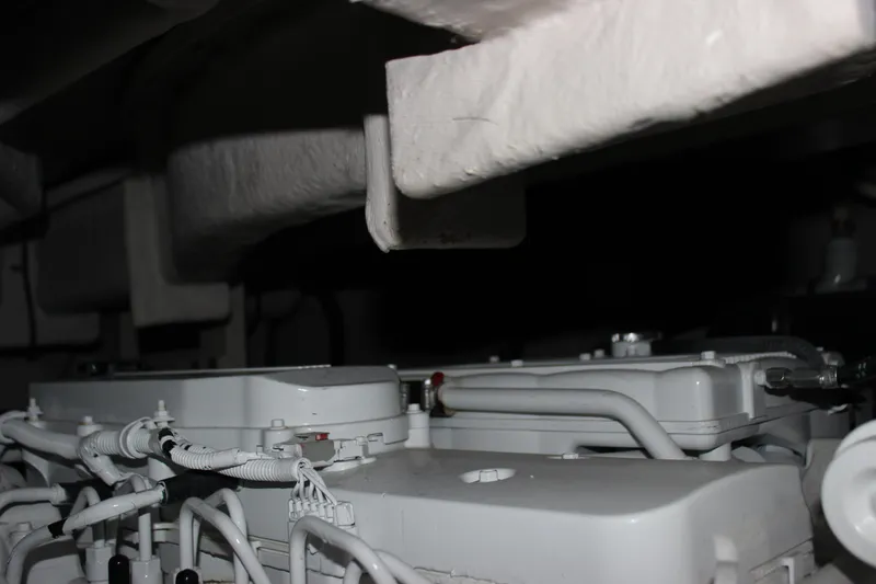  Yacht Photos Pics Engine compartment of 2017 Sea Ray Sundancer 400 yacht, showcasing mechanical components.