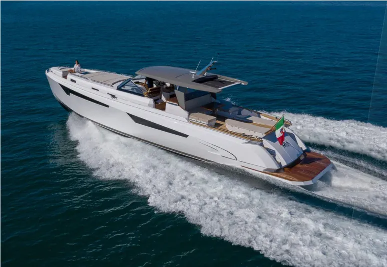 Mia Yacht Photos Pics Luxury Franchini T63 yacht cruising on open sea, 2021 model.