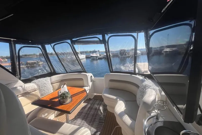  Yacht Photos Pics Luxurious interior of 2012 Sea Ray 390 Sundancer yacht with marina view.