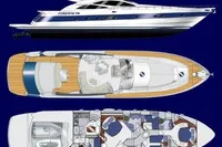 2005 Pershing 76 yacht with detailed deck and interior layout on a blue background.